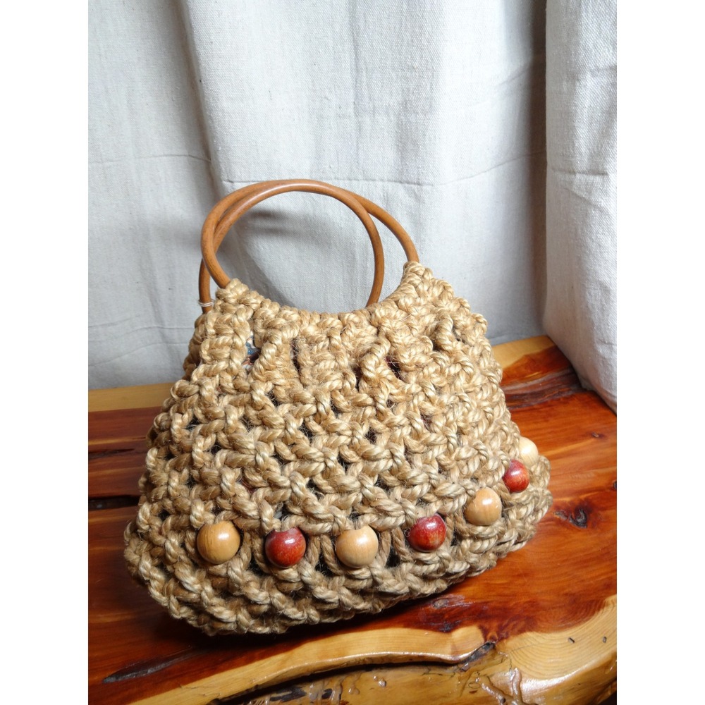 Vintage Fabrics Inc Woven Jute Handbag Women Small Tan Wood Hoop Handle 90s Boho